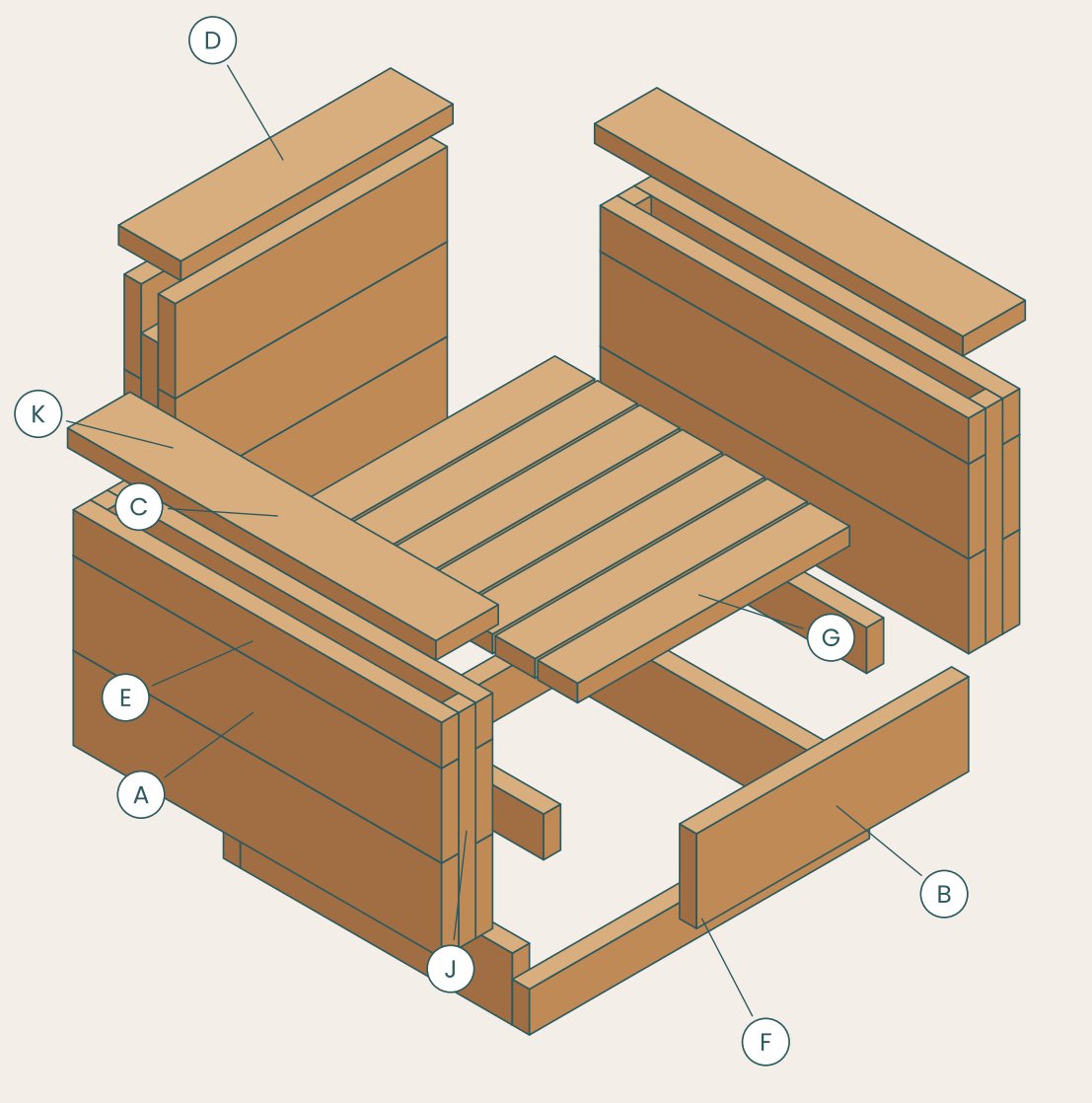 Exploded view of the Block Lounge Chair with every part labeled by letter