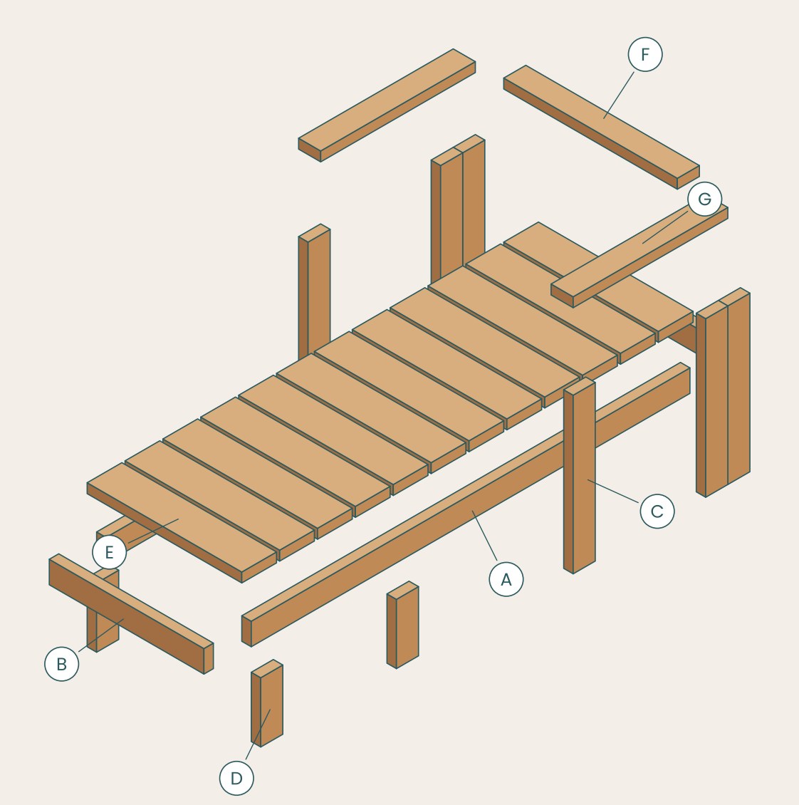 Exploded view of the Frame Chaise Lounge with every part labeled by letter