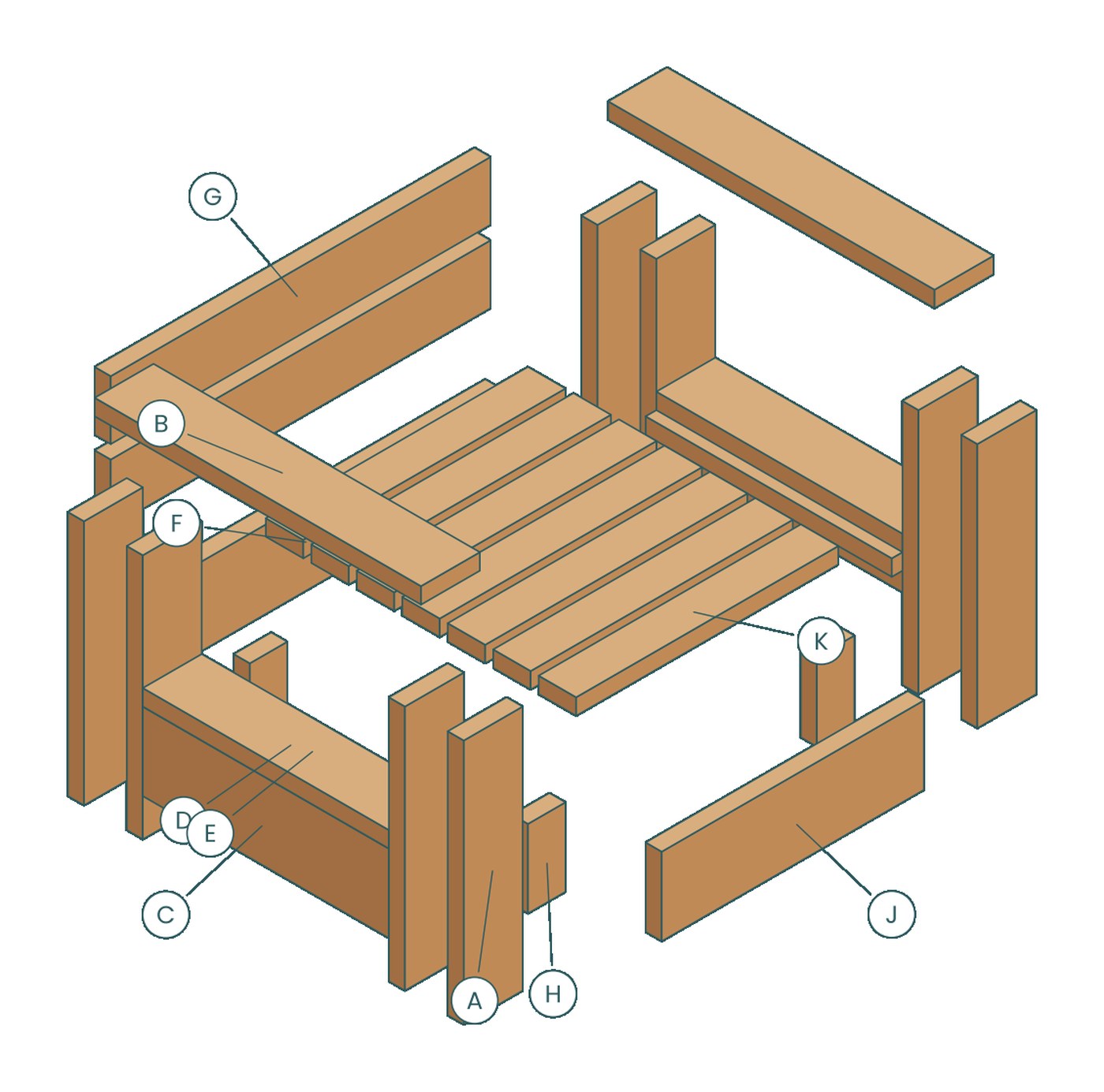 Exploded view of the Frame Lounge Chair with every part labeled by letter