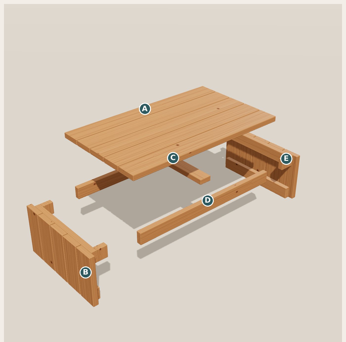 Exploded view of the Block Coffee Table with every part labeled by letter