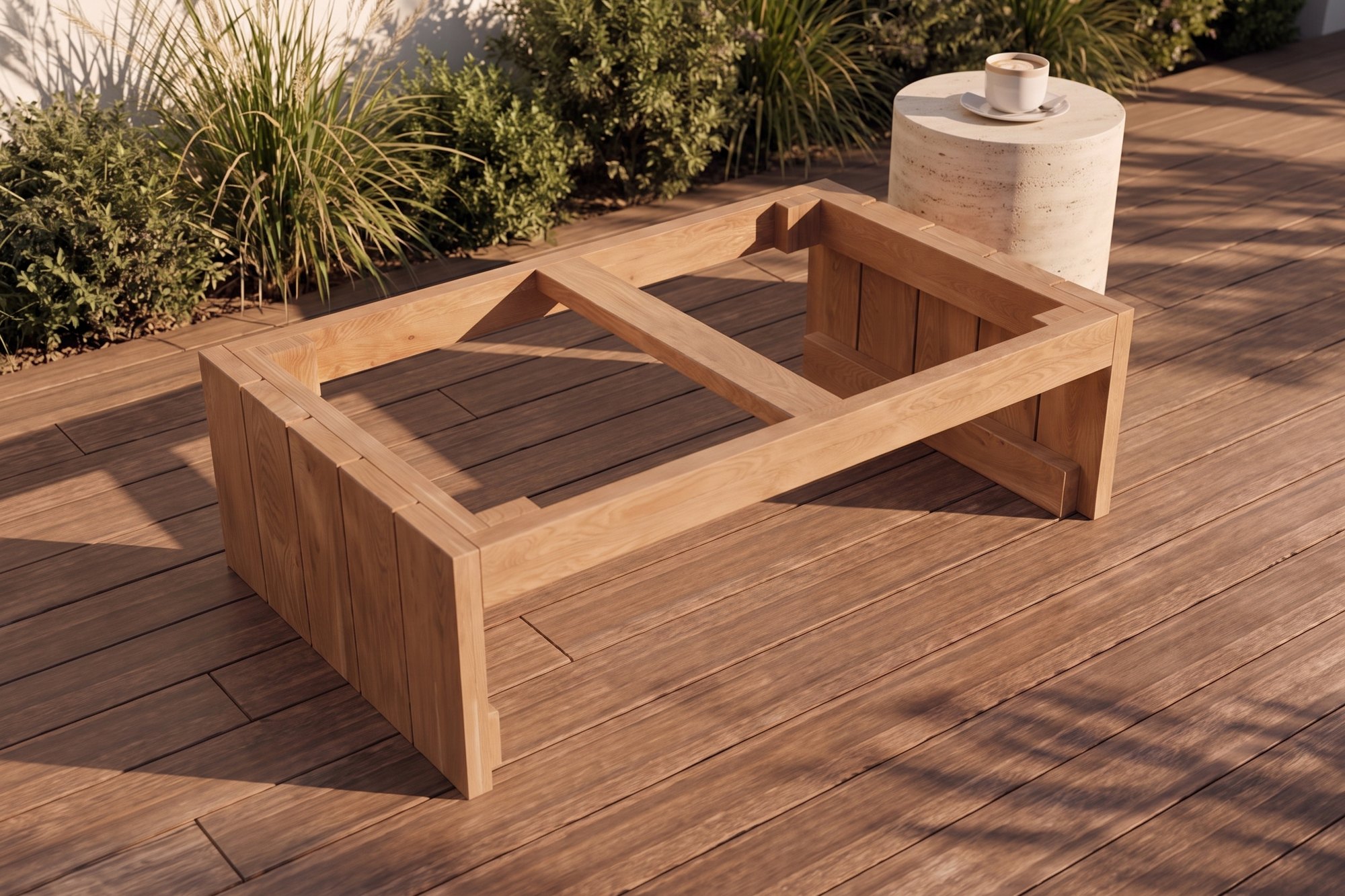 The Block Coffee Table with its top left off, showing the end panels, cleats, corner blocks, aprons and center support