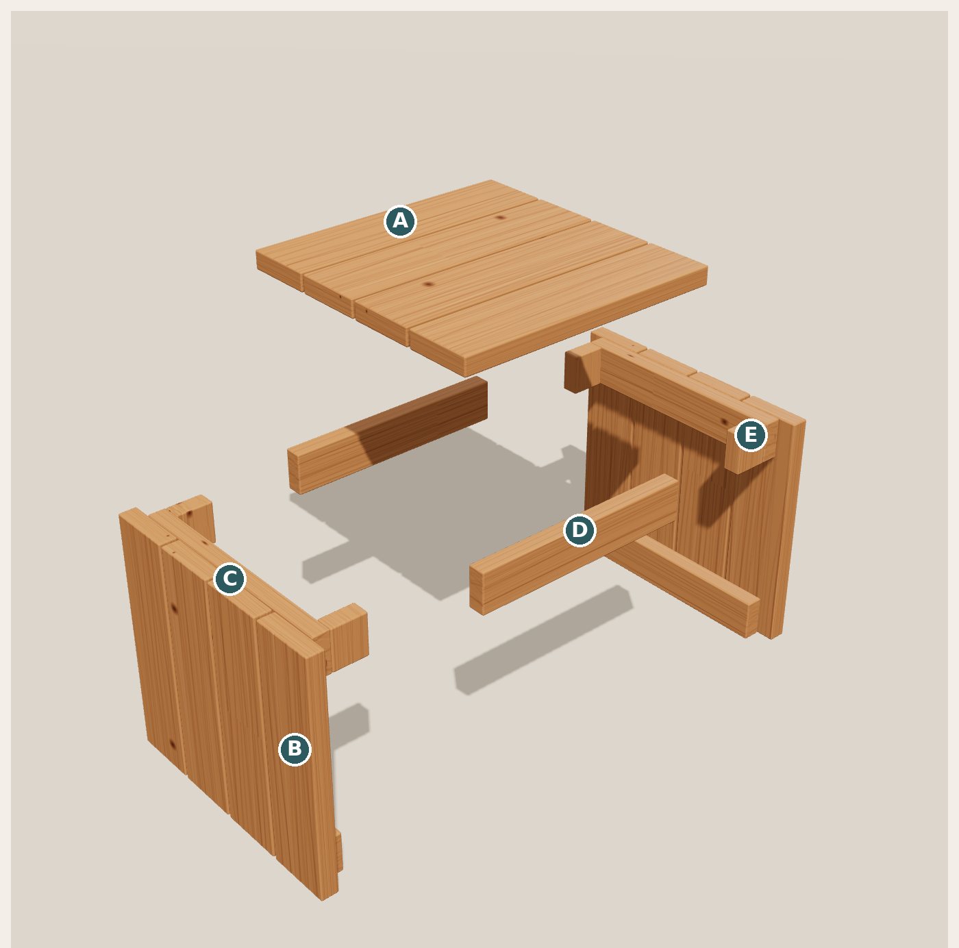 Exploded view of the Block Side Table with every part labeled by letter