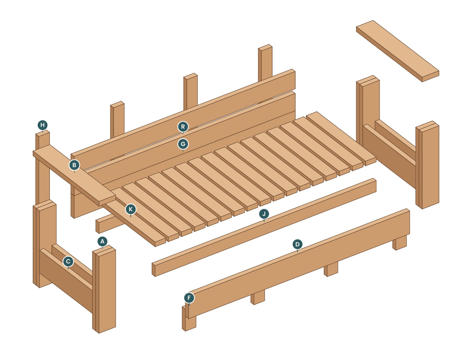 Exploded view of the Frame Sofa with every part labeled by letter