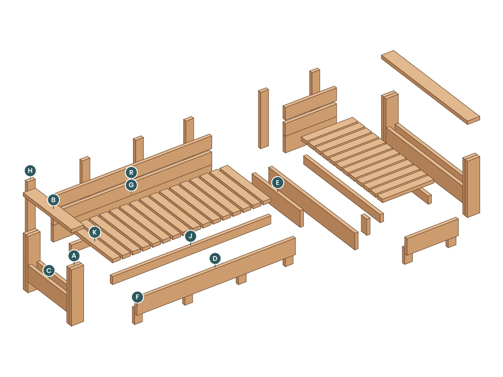 Exploded view of the Frame Chaise Sectional with every part labeled by letter