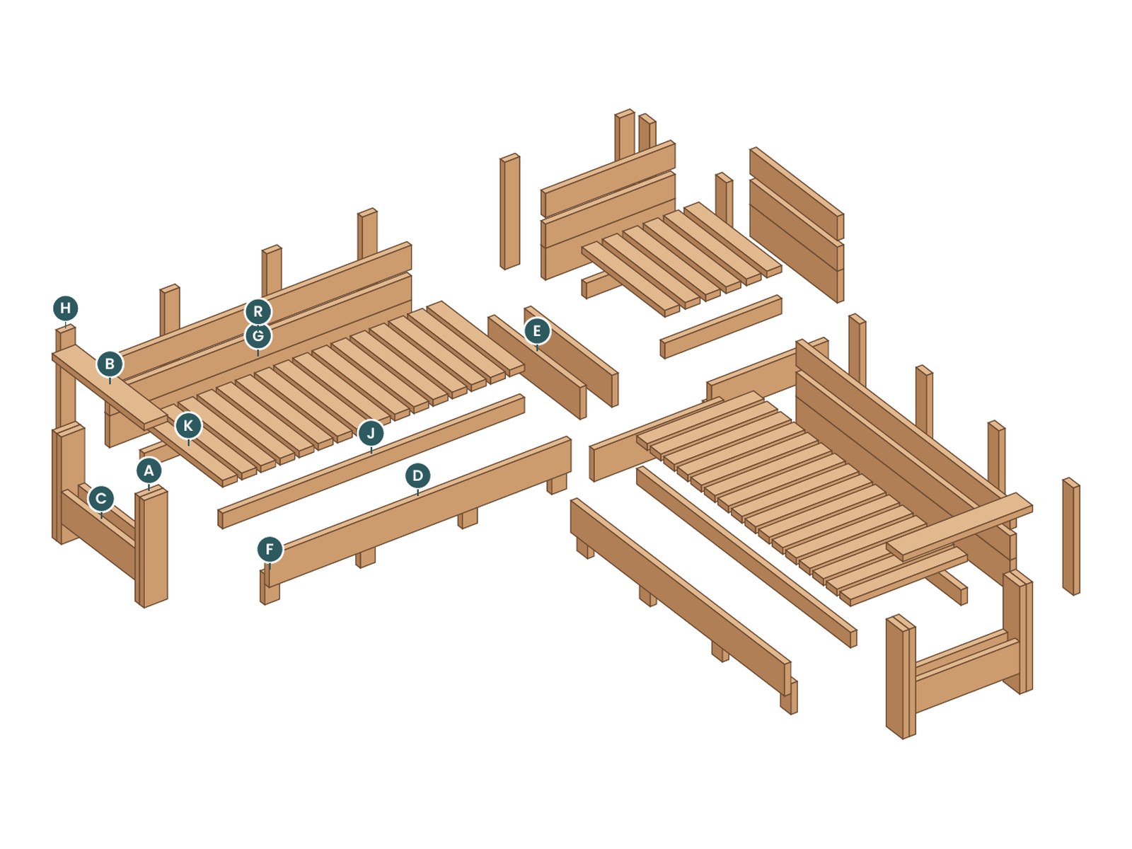 Exploded view of the Frame L Sectional with every part labeled by letter