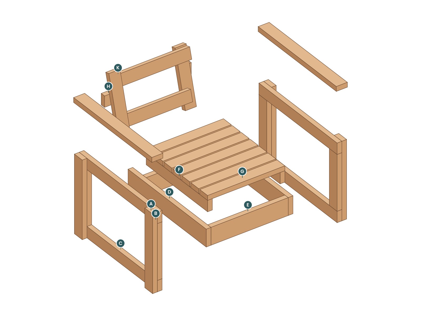 Exploded view of the Harbor Lounge Chair with every part labeled by letter