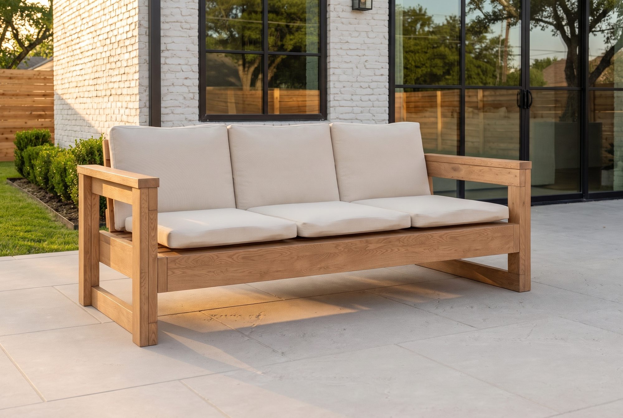 The Harbor Sofa in honey-oiled cedar with linen cushions on a backyard patio
