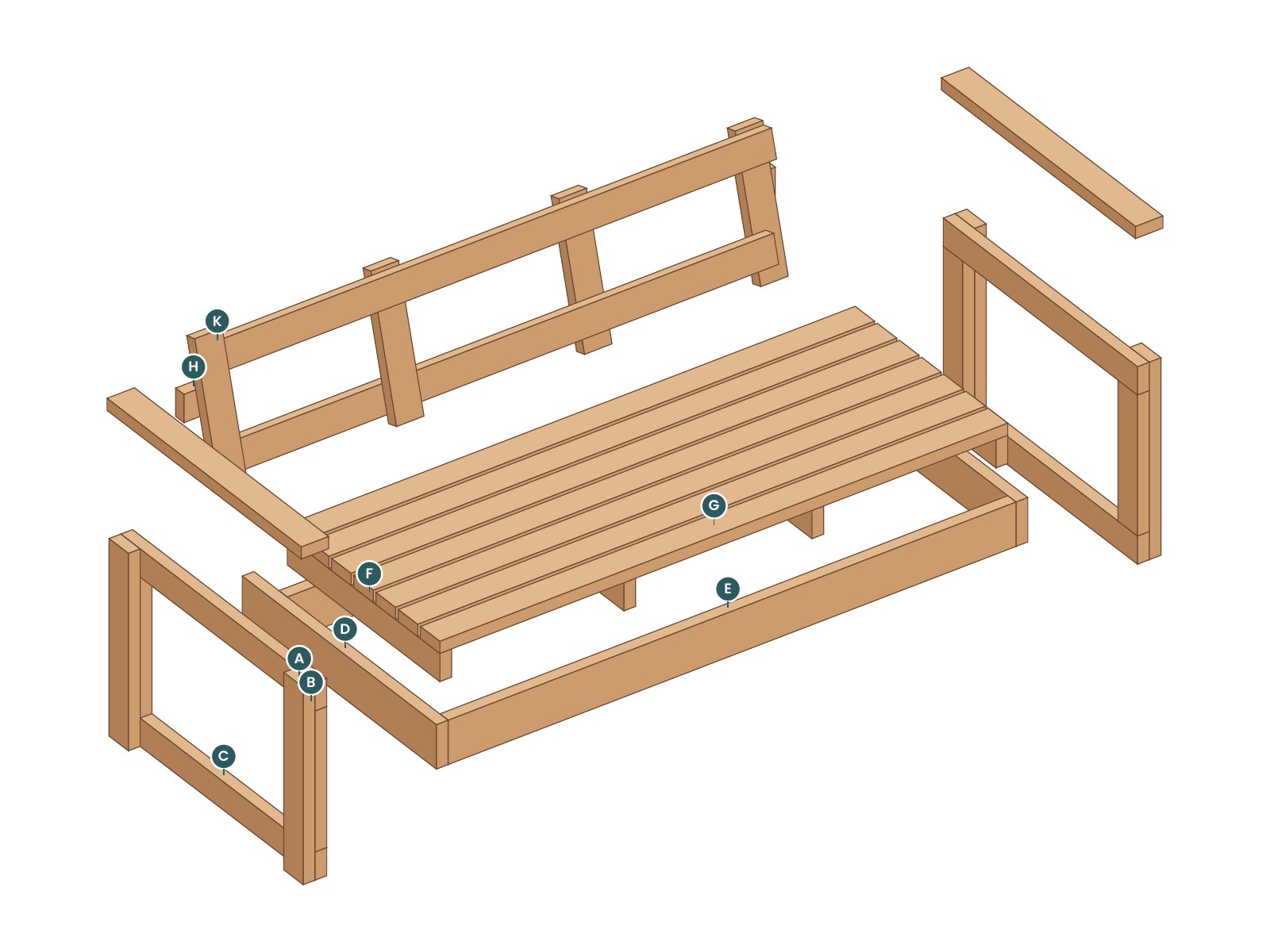 Exploded view of the Harbor Sofa with every part labeled by letter