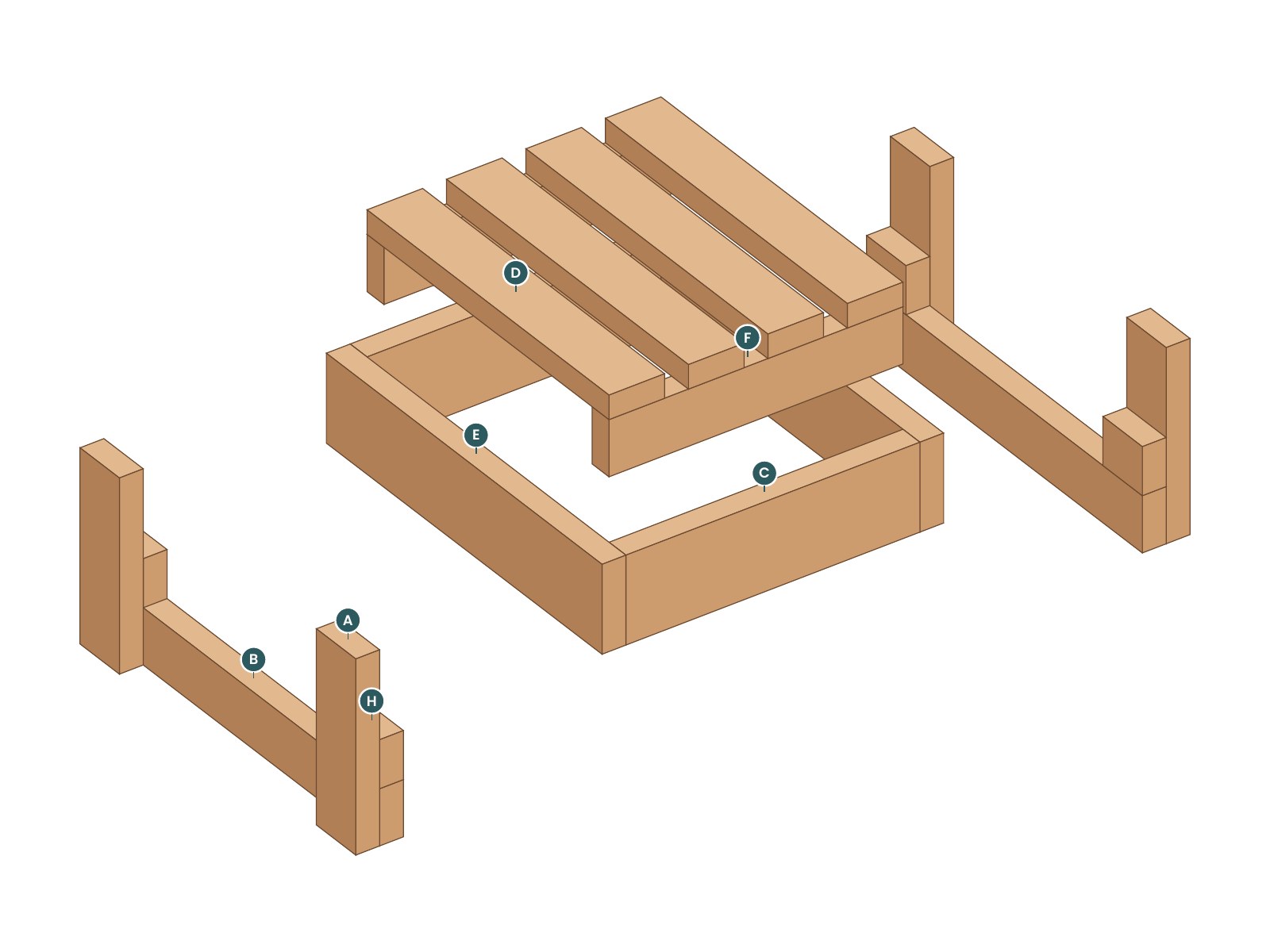 Exploded view of the Harbor Ottoman with every part labeled by letter