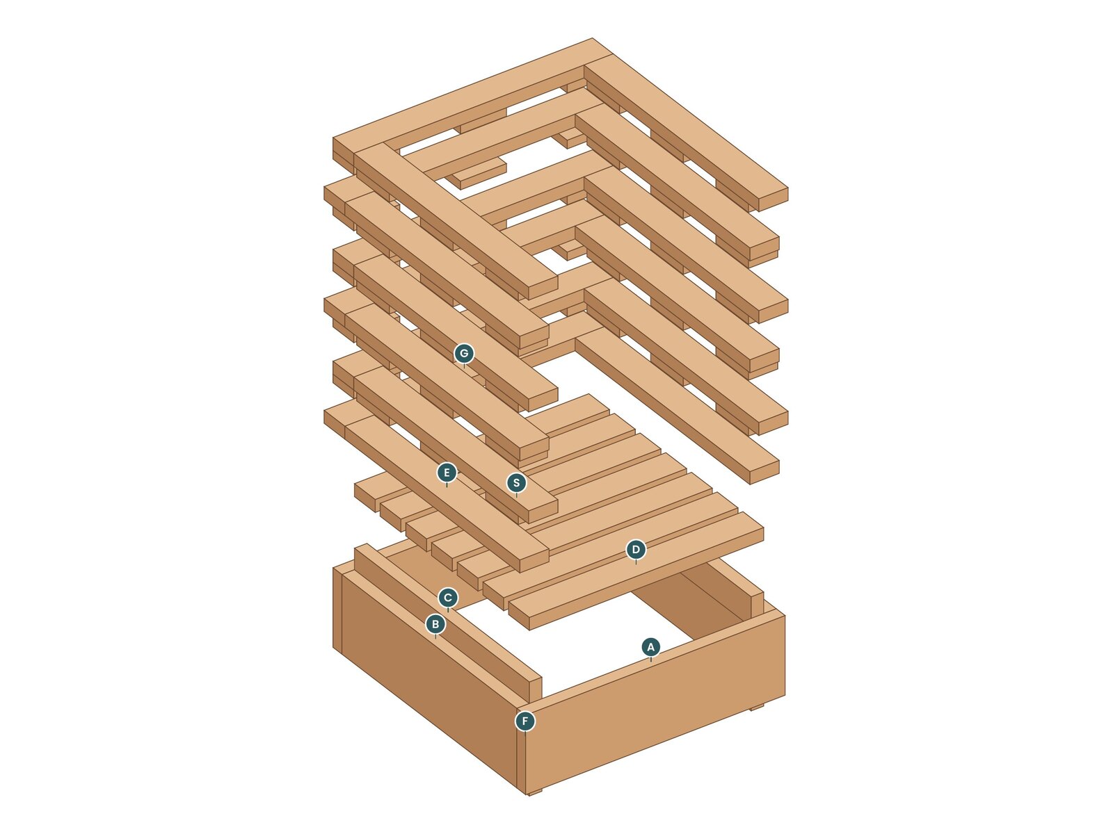 Exploded view of the Stack Lounge Chair with every part labeled by letter