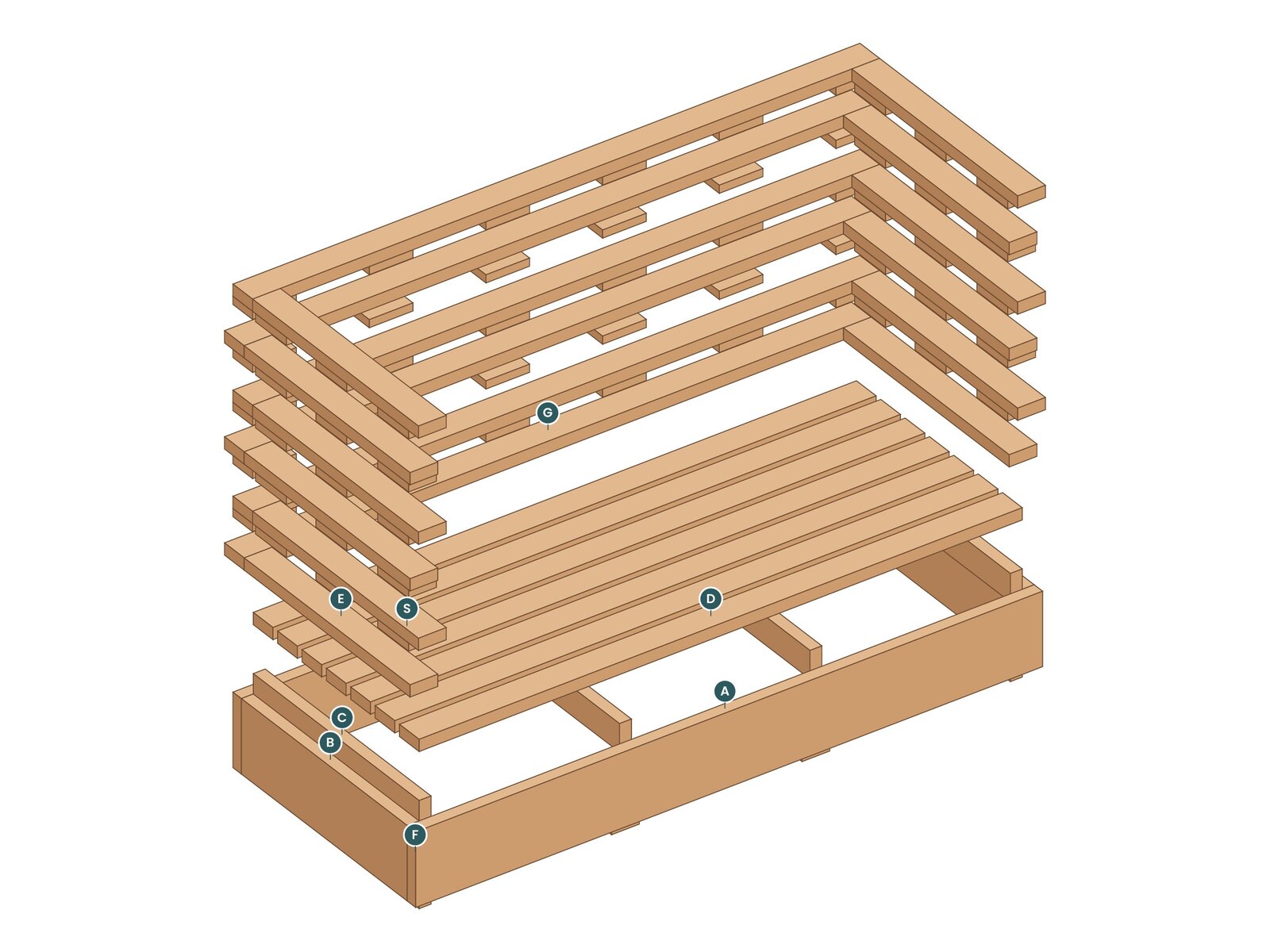 Exploded view of the Stack Sofa with every part labeled by letter