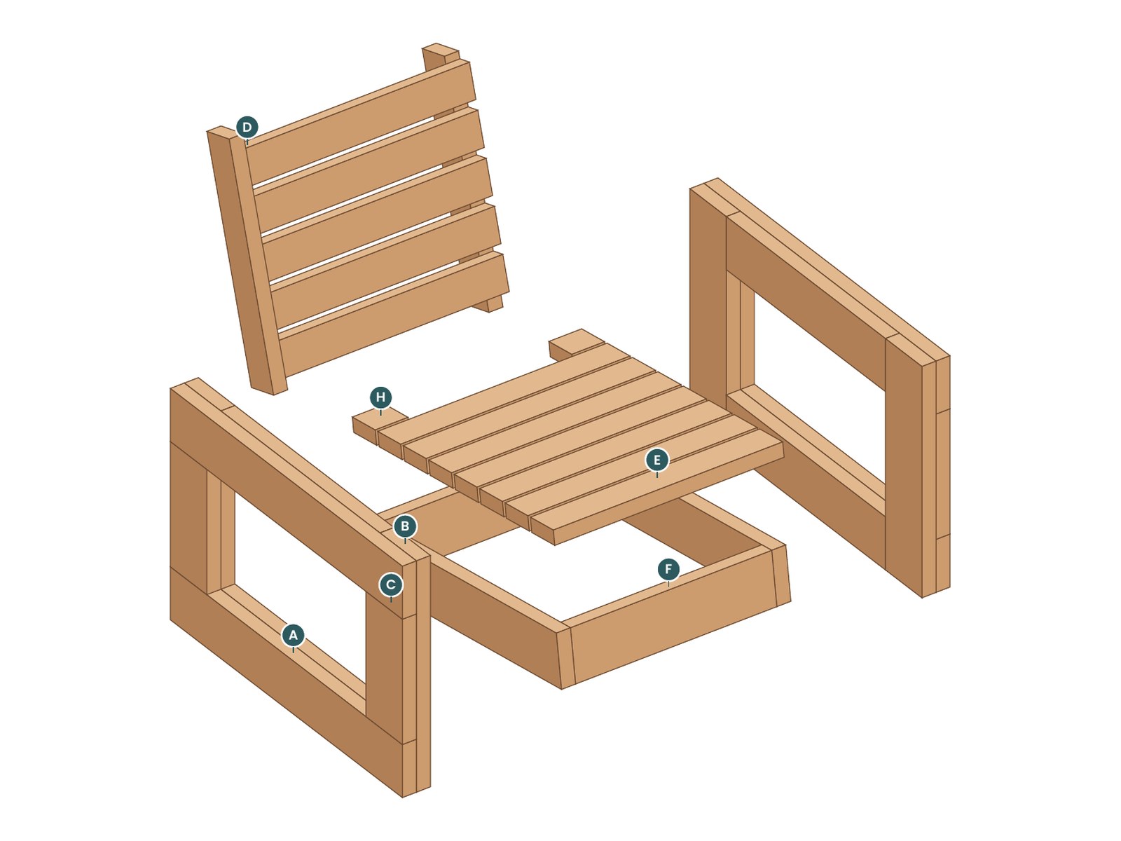 Exploded view of the Ring Lounge Chair with every part labeled by letter