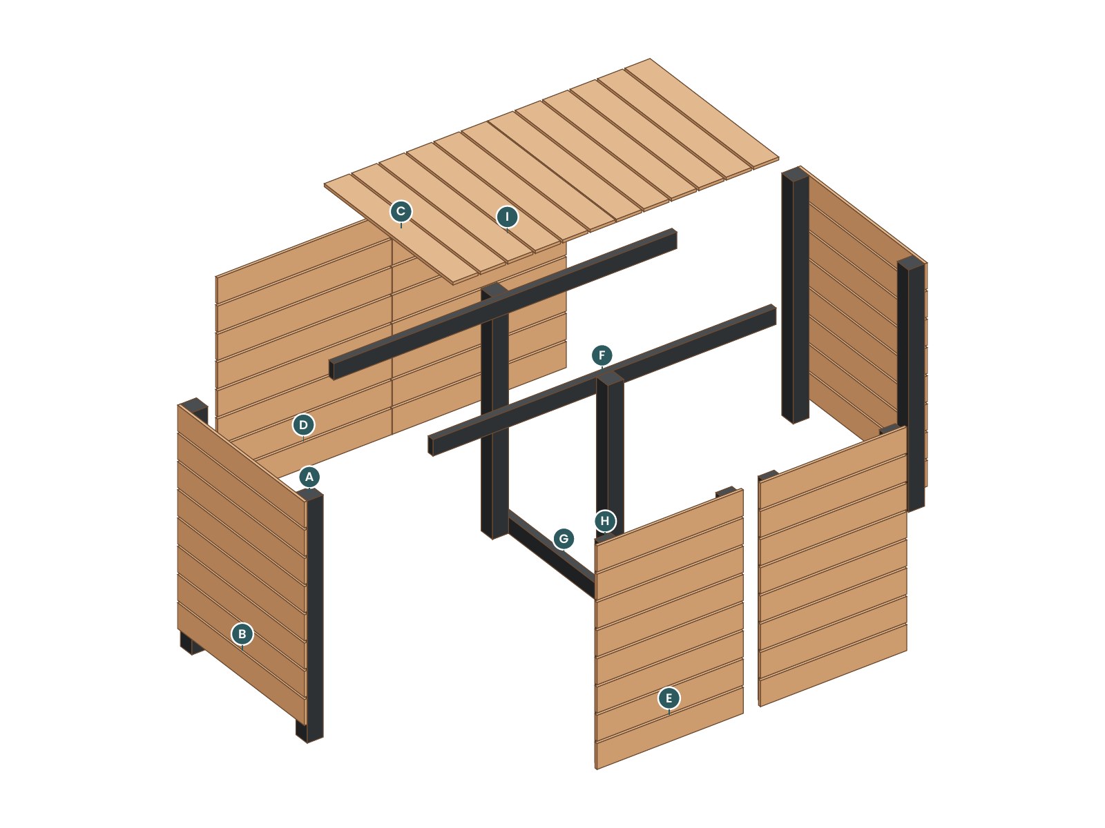 Exploded view of the Slat Bin Enclosure with every part labeled by letter