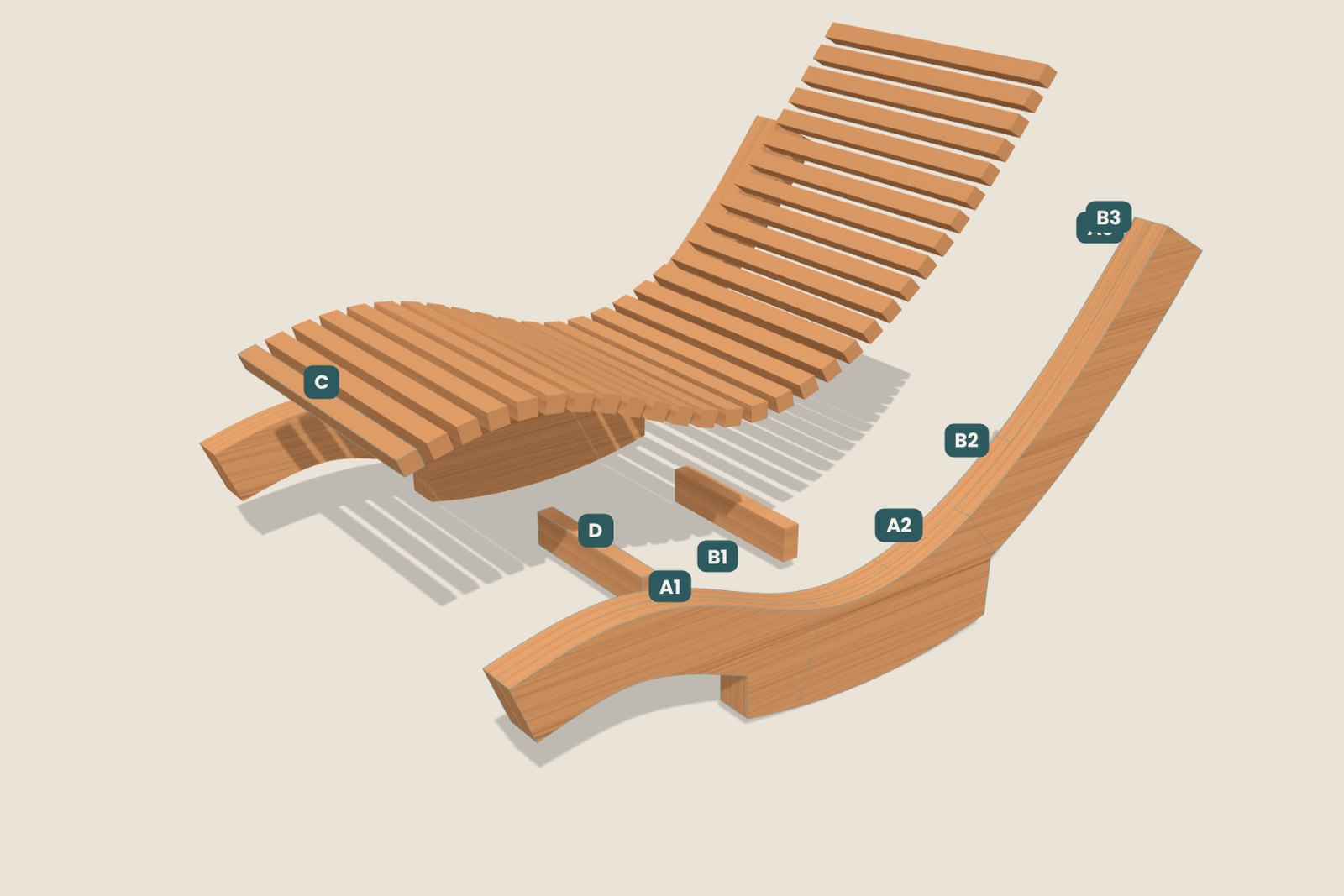 Exploded view of the Swell Rocker with every part labeled by letter