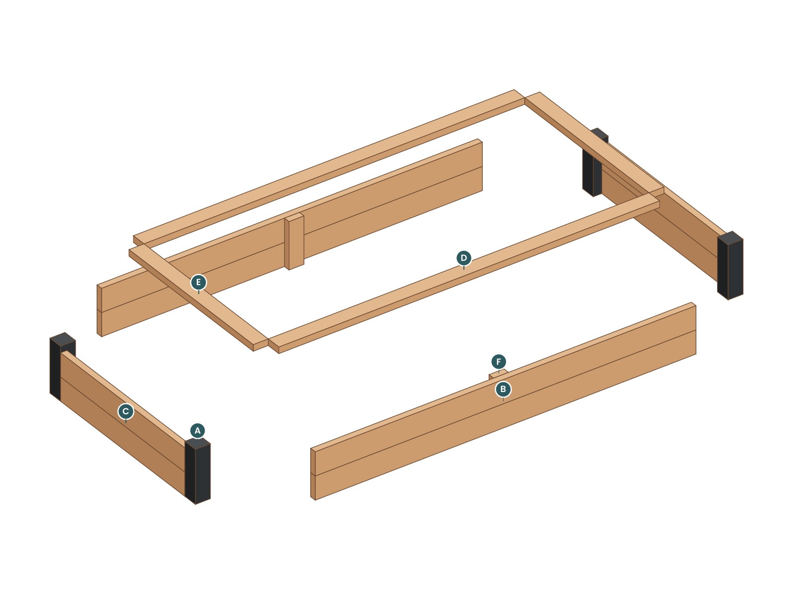 Exploded view of the Black Corner Raised Bed with every part labeled by letter