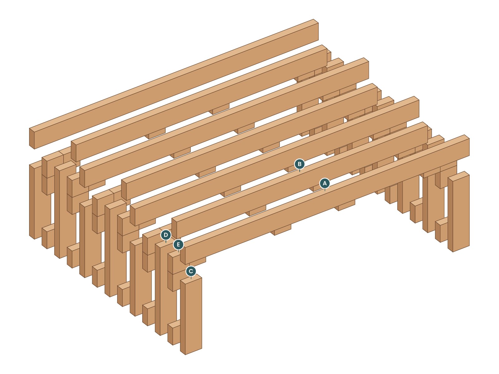 Exploded view of the Block Slat Bench with every part labeled by letter