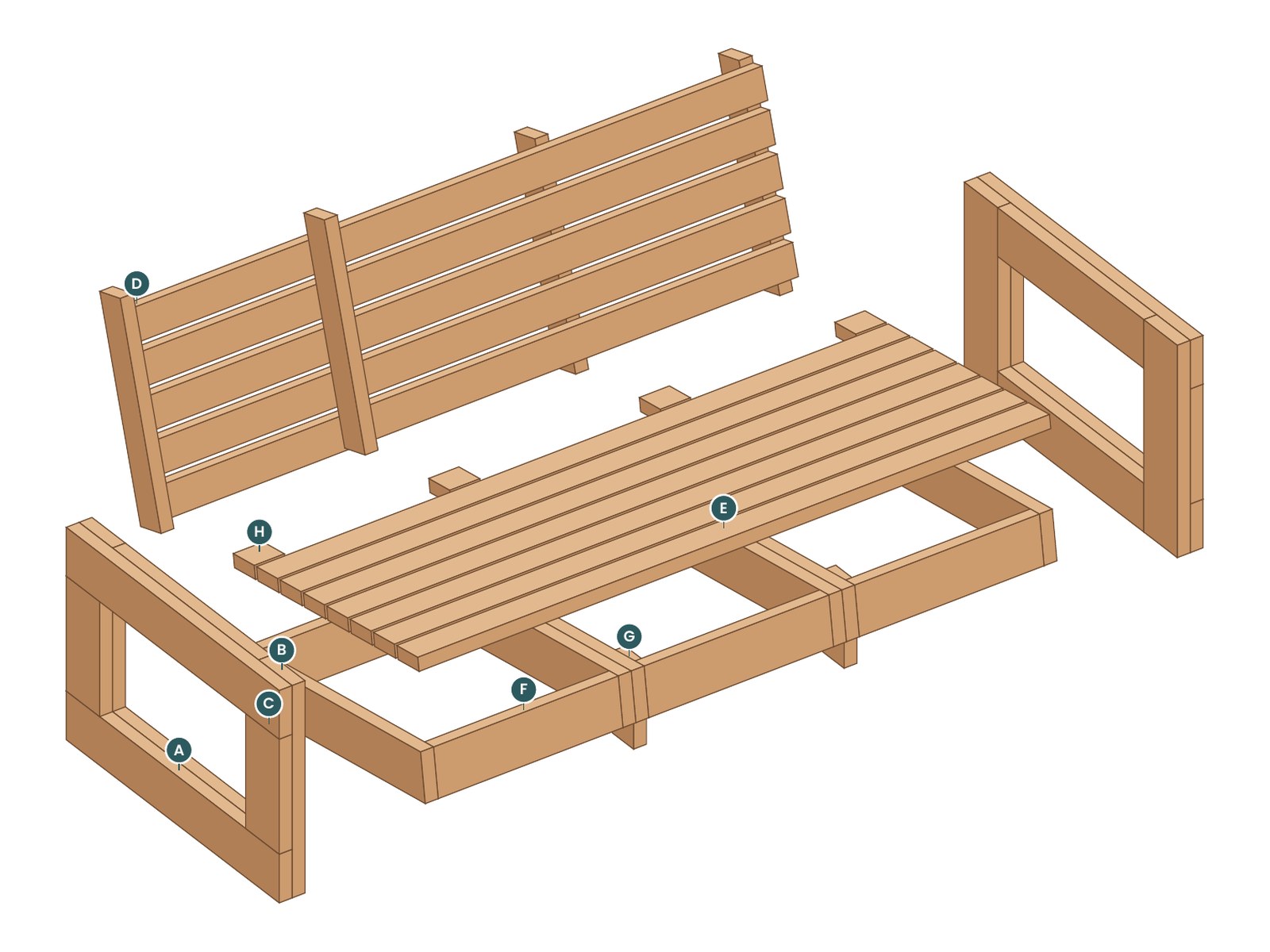 Exploded view of the Ring Sofa with every part labeled by letter