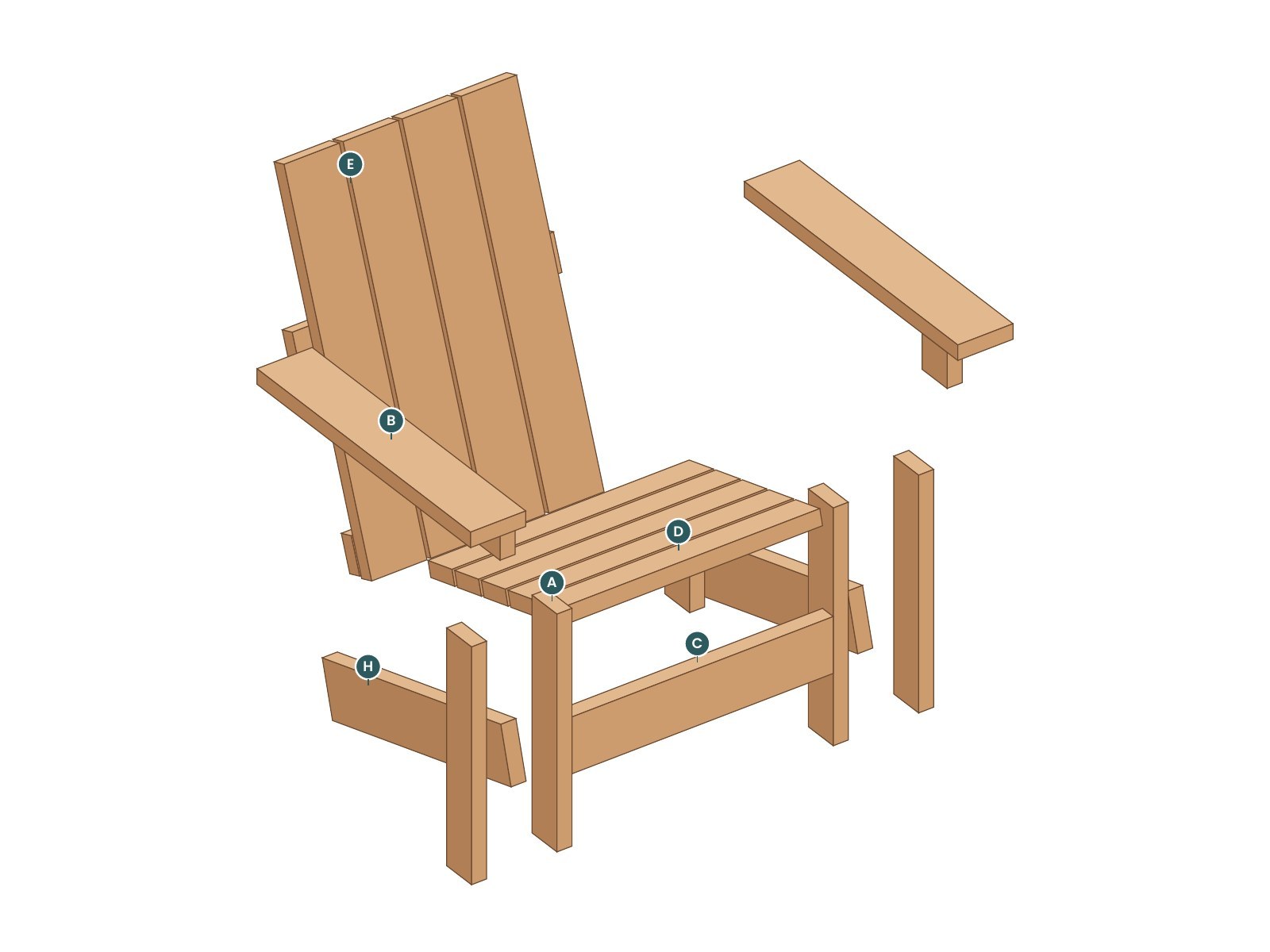 Exploded view of the Harbor Adirondack Chair with every part labeled by letter