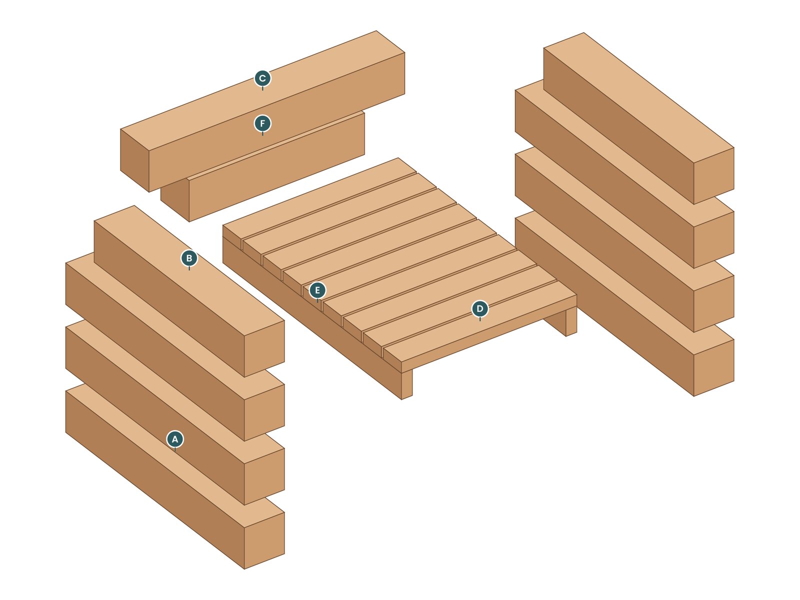 Exploded view of the Timber Lounge Chair with every part labeled by letter