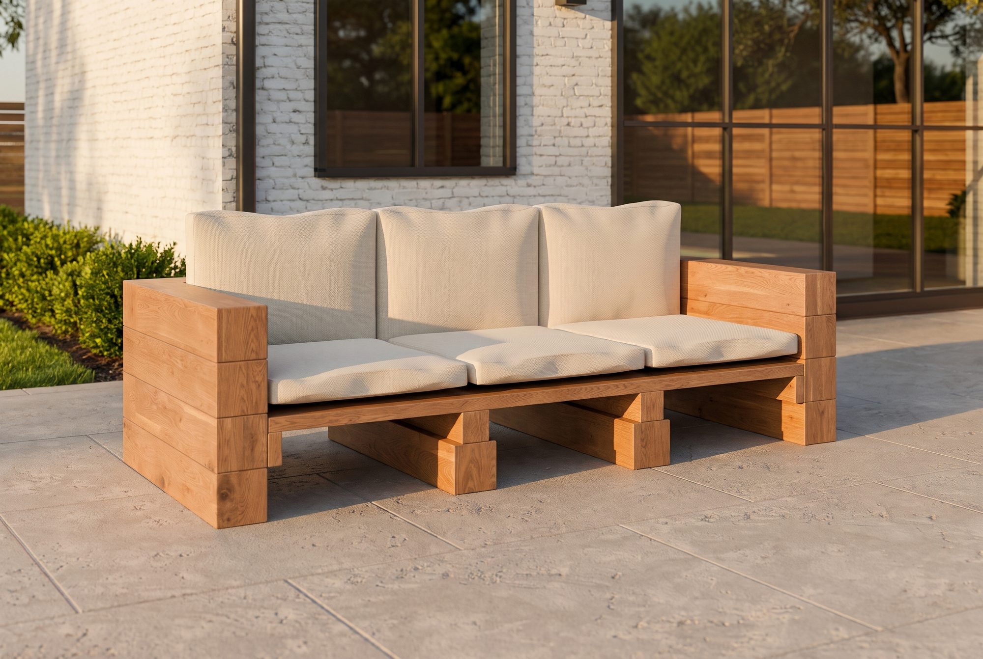 The Timber Sofa in honey-oiled cedar with linen cushions on a backyard patio