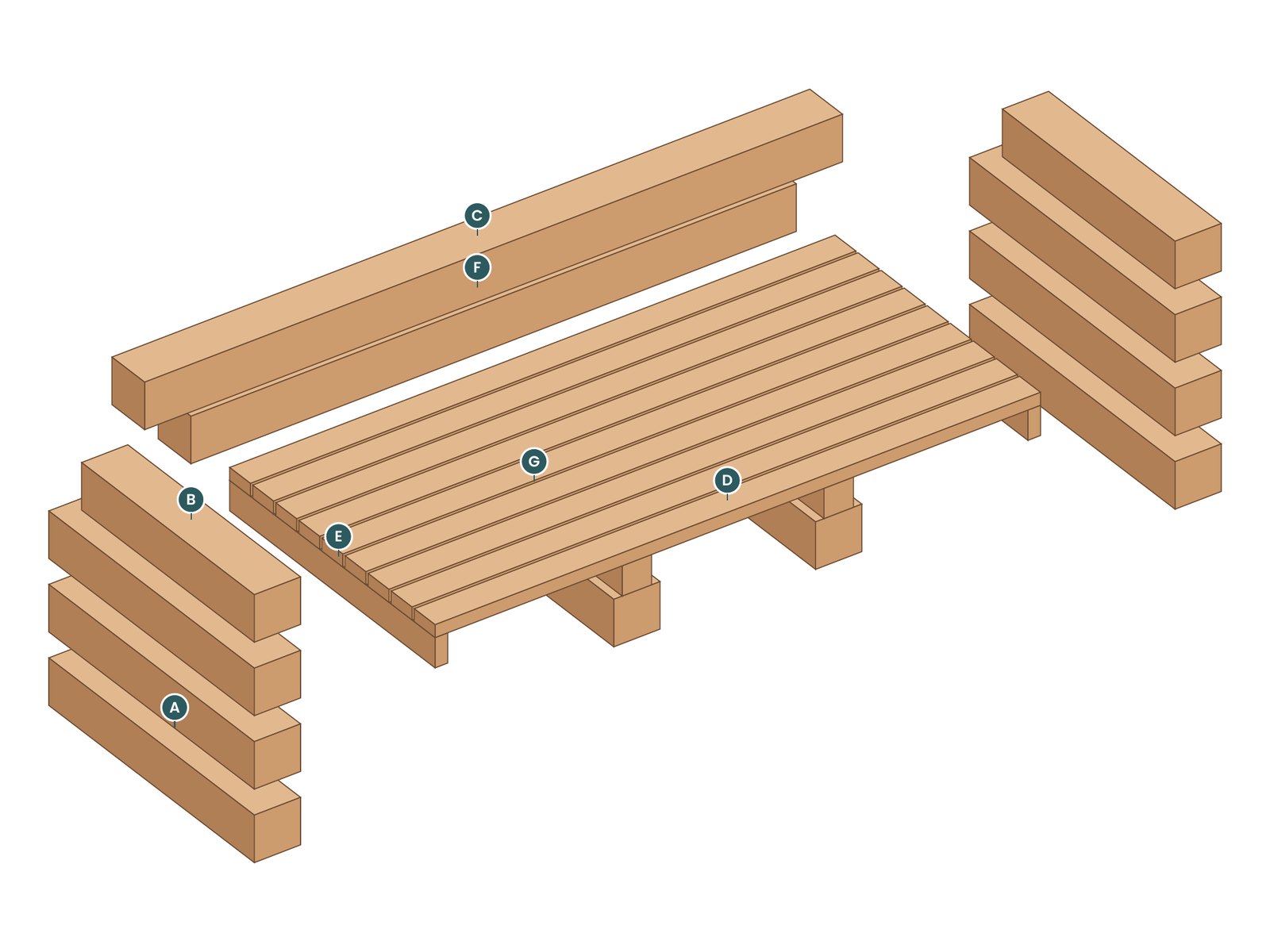 Exploded view of the Timber Sofa with every part labeled by letter