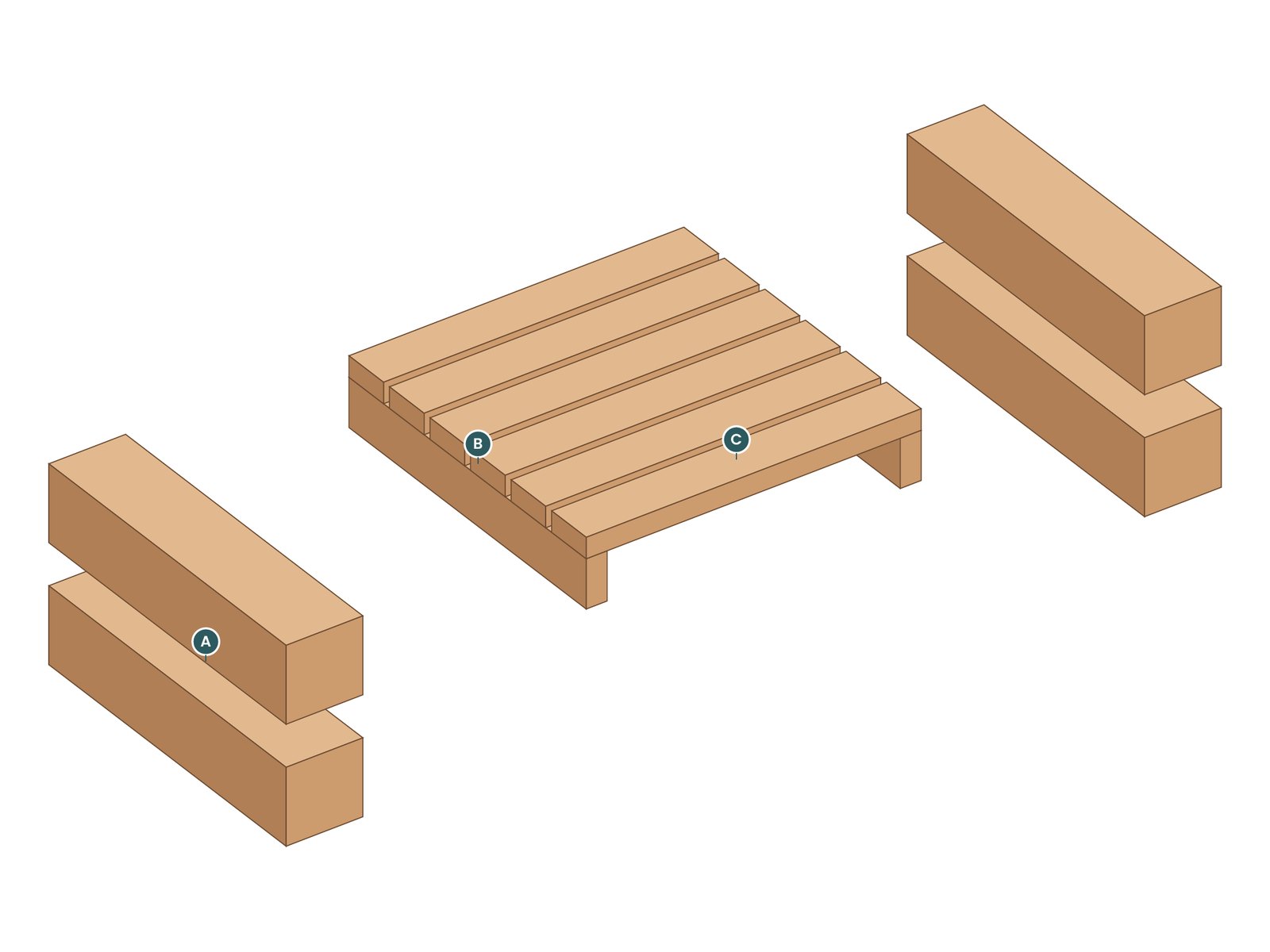 Exploded view of the Timber Ottoman with every part labeled by letter