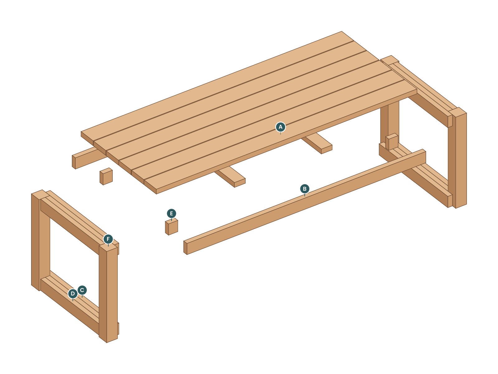 Exploded view of the Block Dining Table with every part labeled by letter