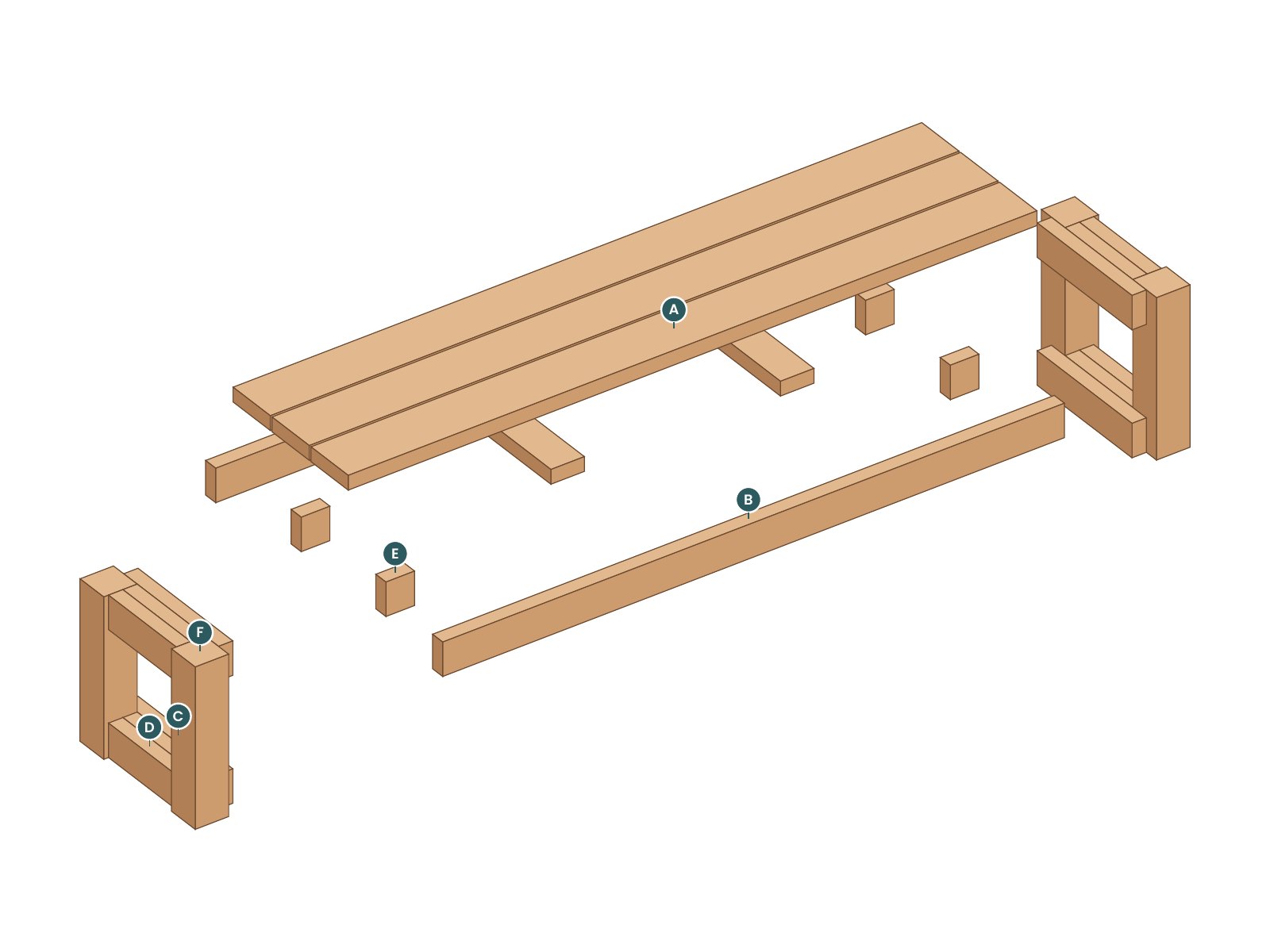 Exploded view of the Block Dining Bench with every part labeled by letter