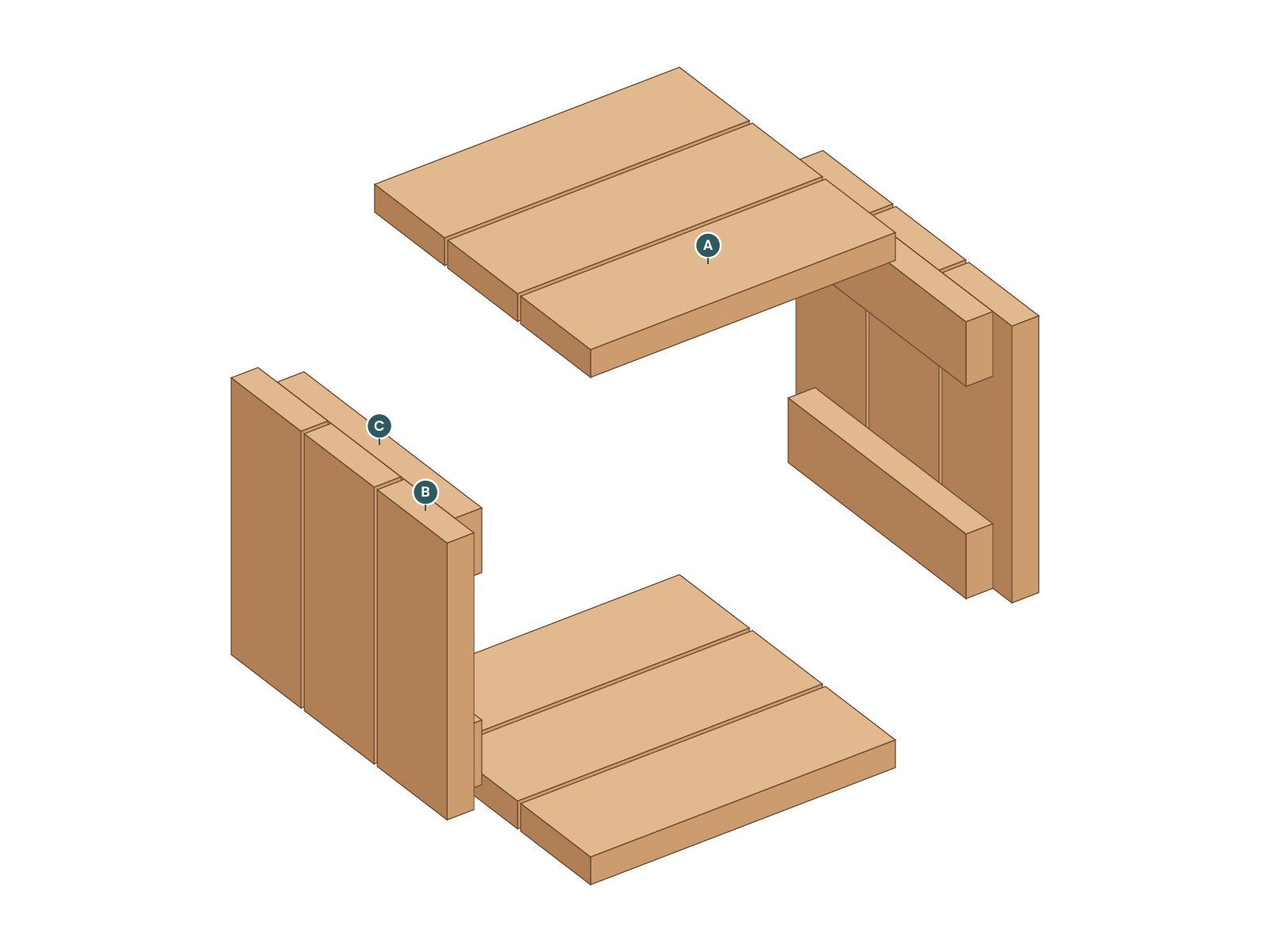 Exploded view of the Block Loop Stool with every part labeled by letter