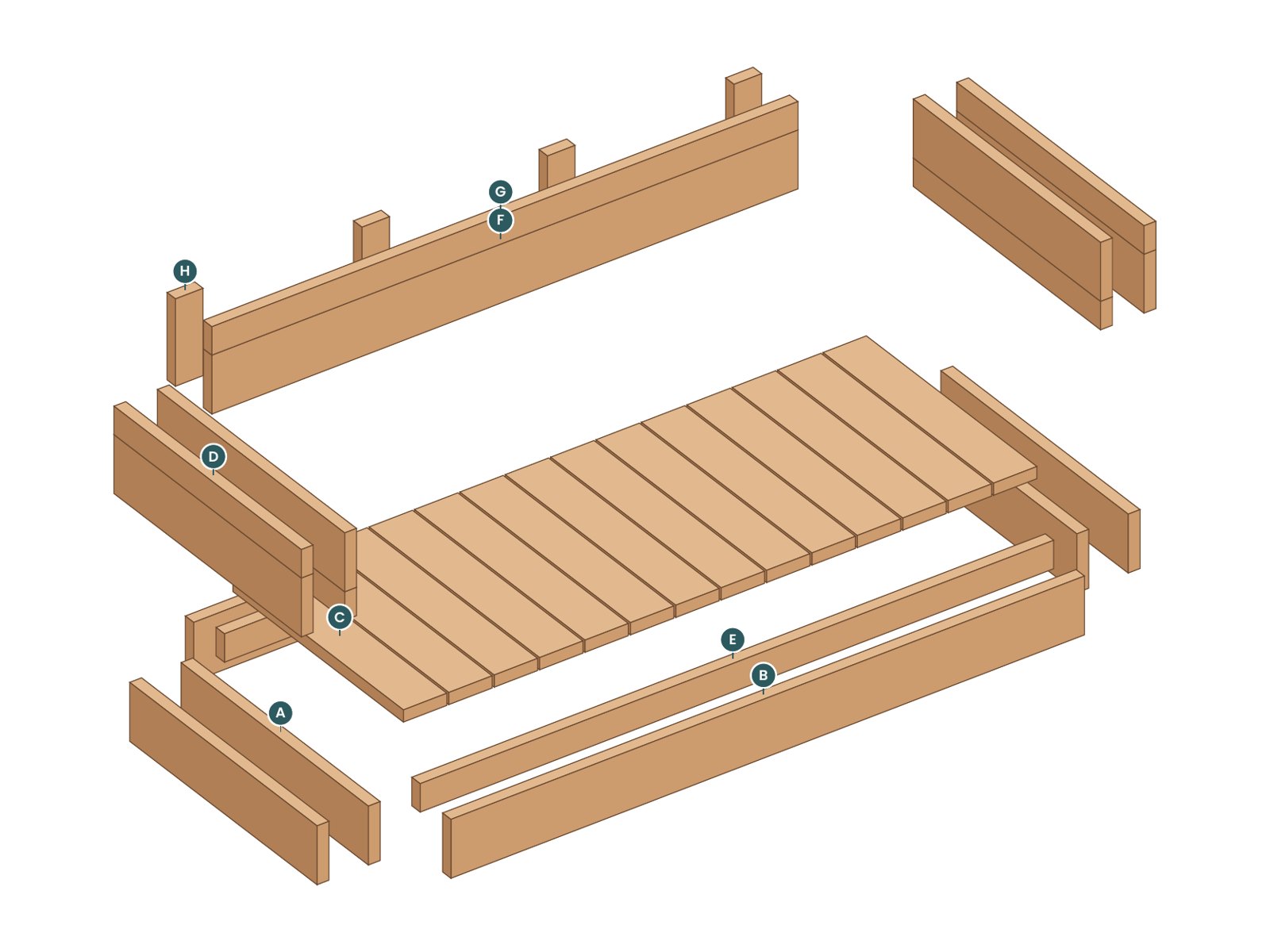Exploded view of the Drift Daybed Swing with every part labeled by letter