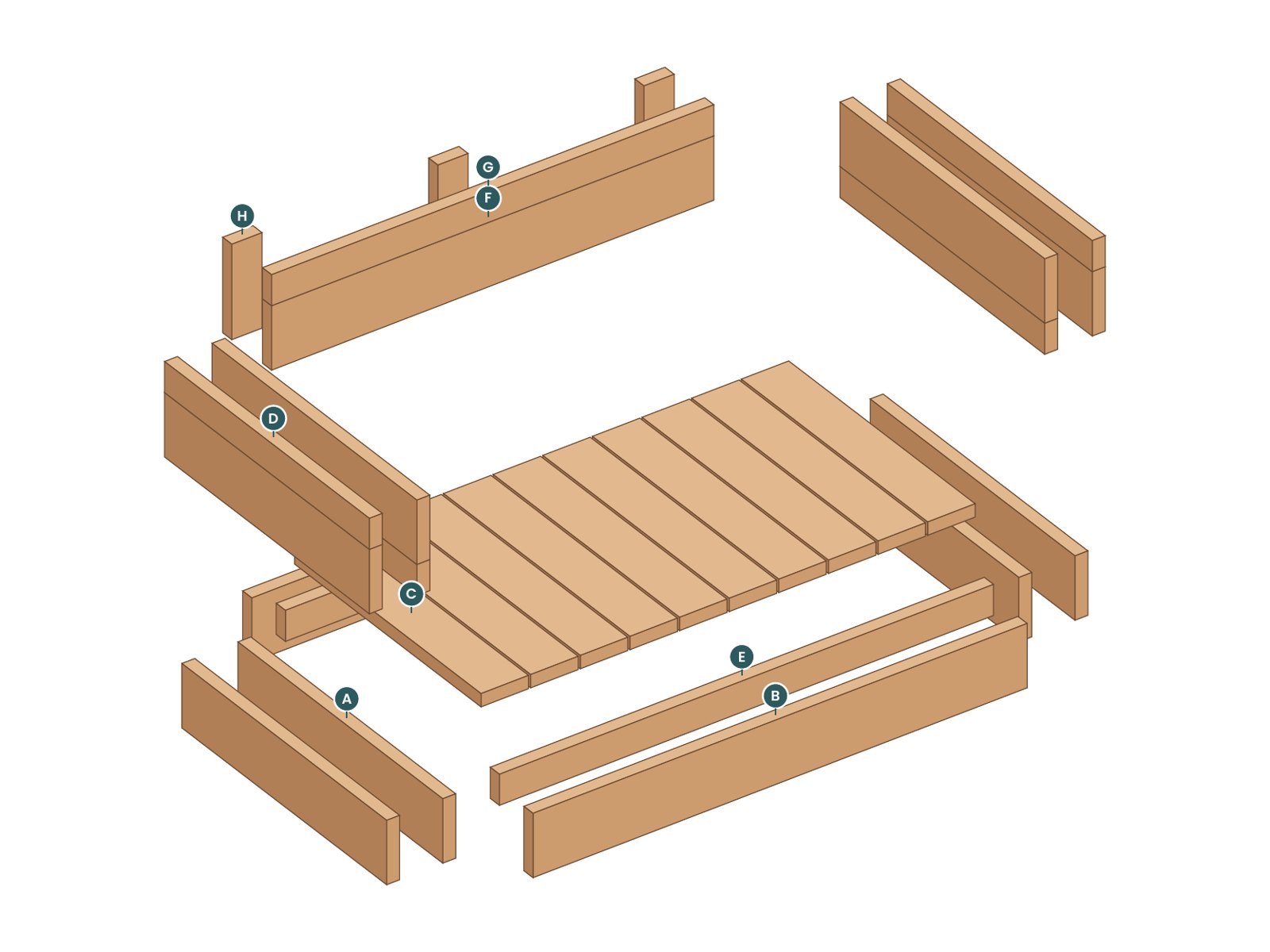 Exploded view of the Drift Loveseat Swing with every part labeled by letter