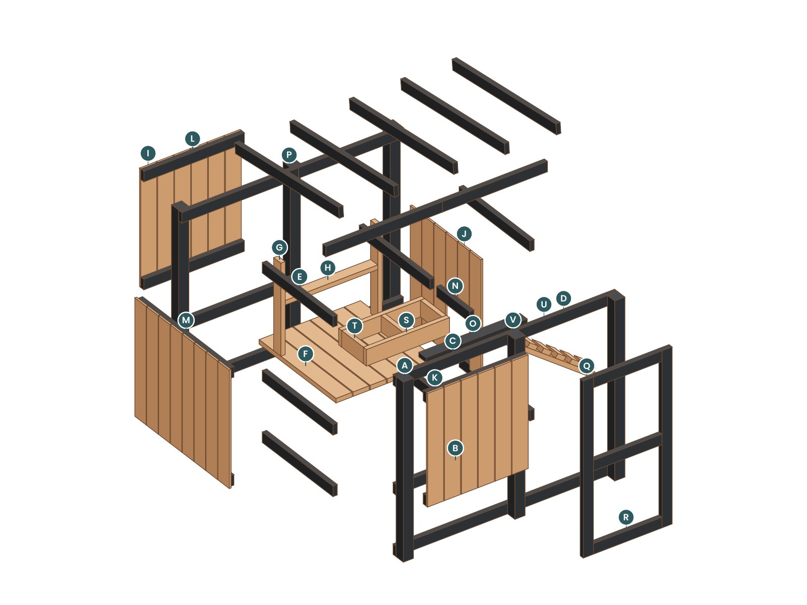Exploded view of the Perch Coop with every part labeled by letter