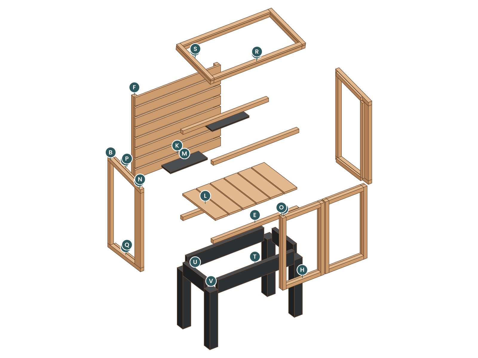 Exploded view of the Bask Greenhouse Cabinet with every part labeled by letter