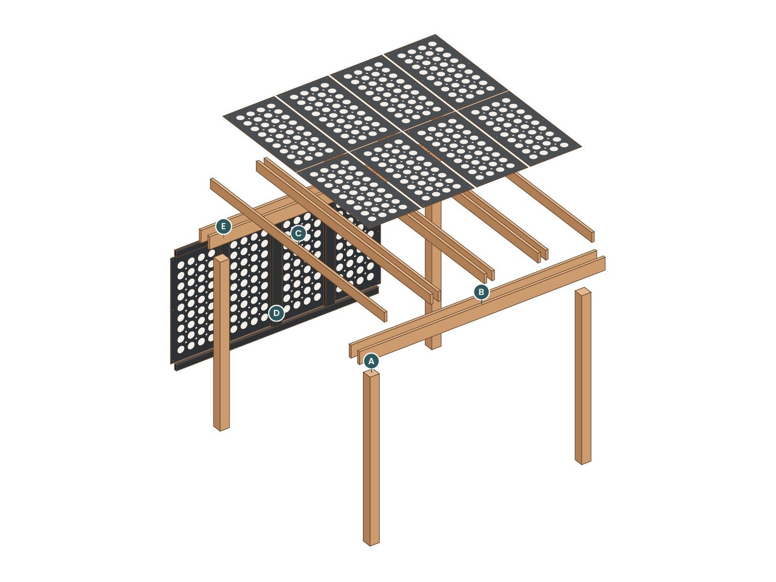 Exploded view of the Dapple Pergola with every part labeled by letter
